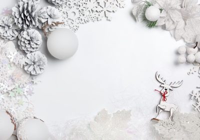 Christmas decorative composition of toys on a white table background. Top view. Flat Lay