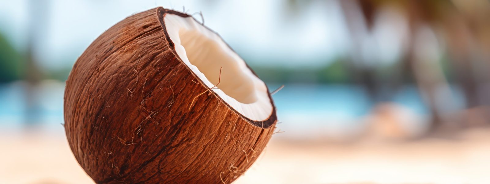 Coconut rests on the sandy beach, a tropical scene of solitude.