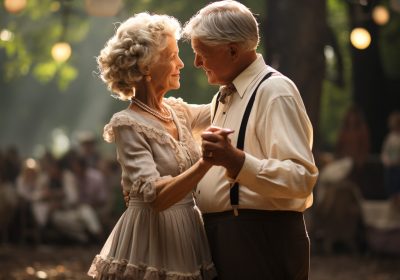 A joyful senior couple embraces in nature, celebrating their love generated by artificial intellingence